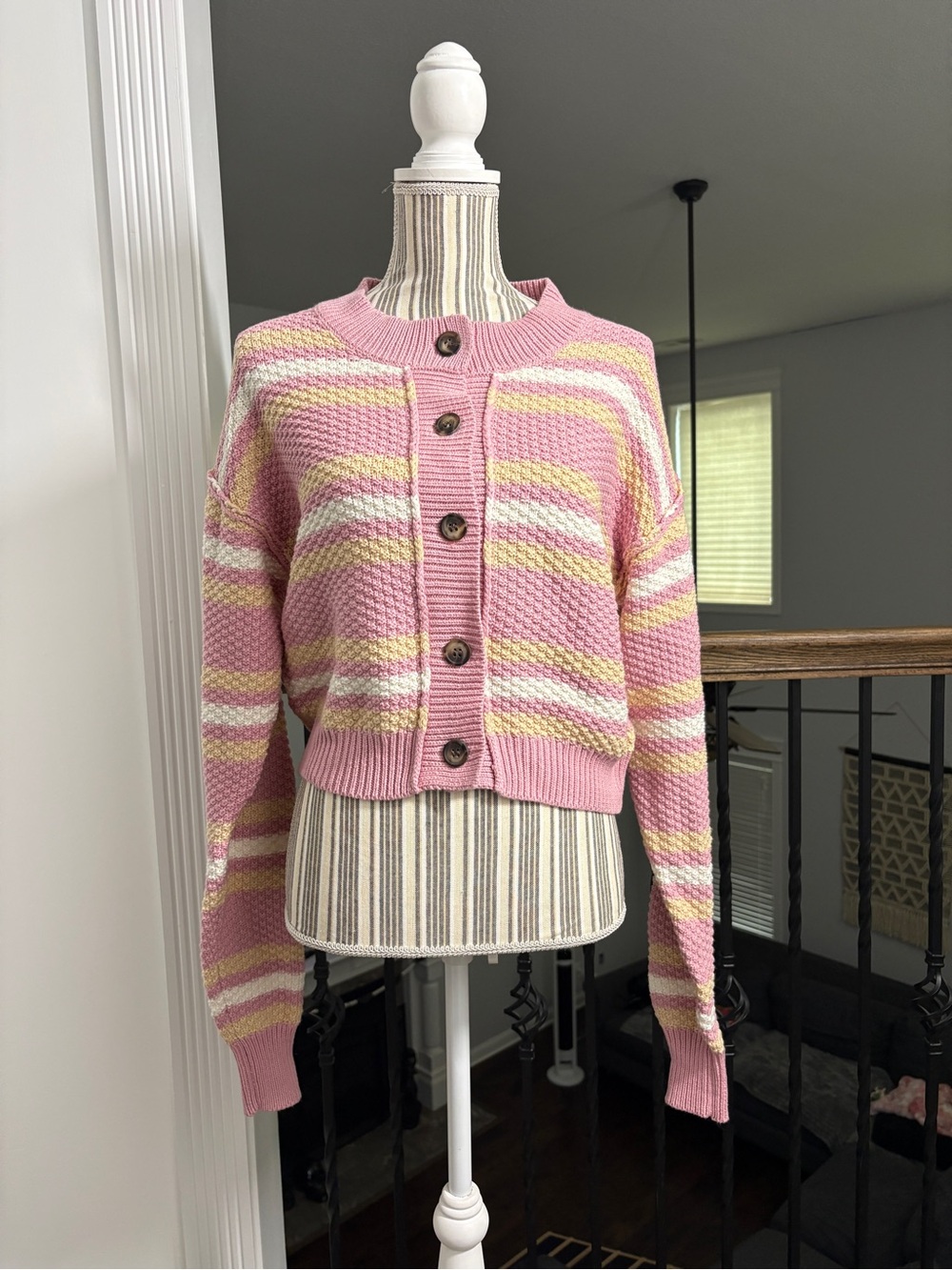 Free People Pink Striped Button Cardigan with Cream & Pale Yellow